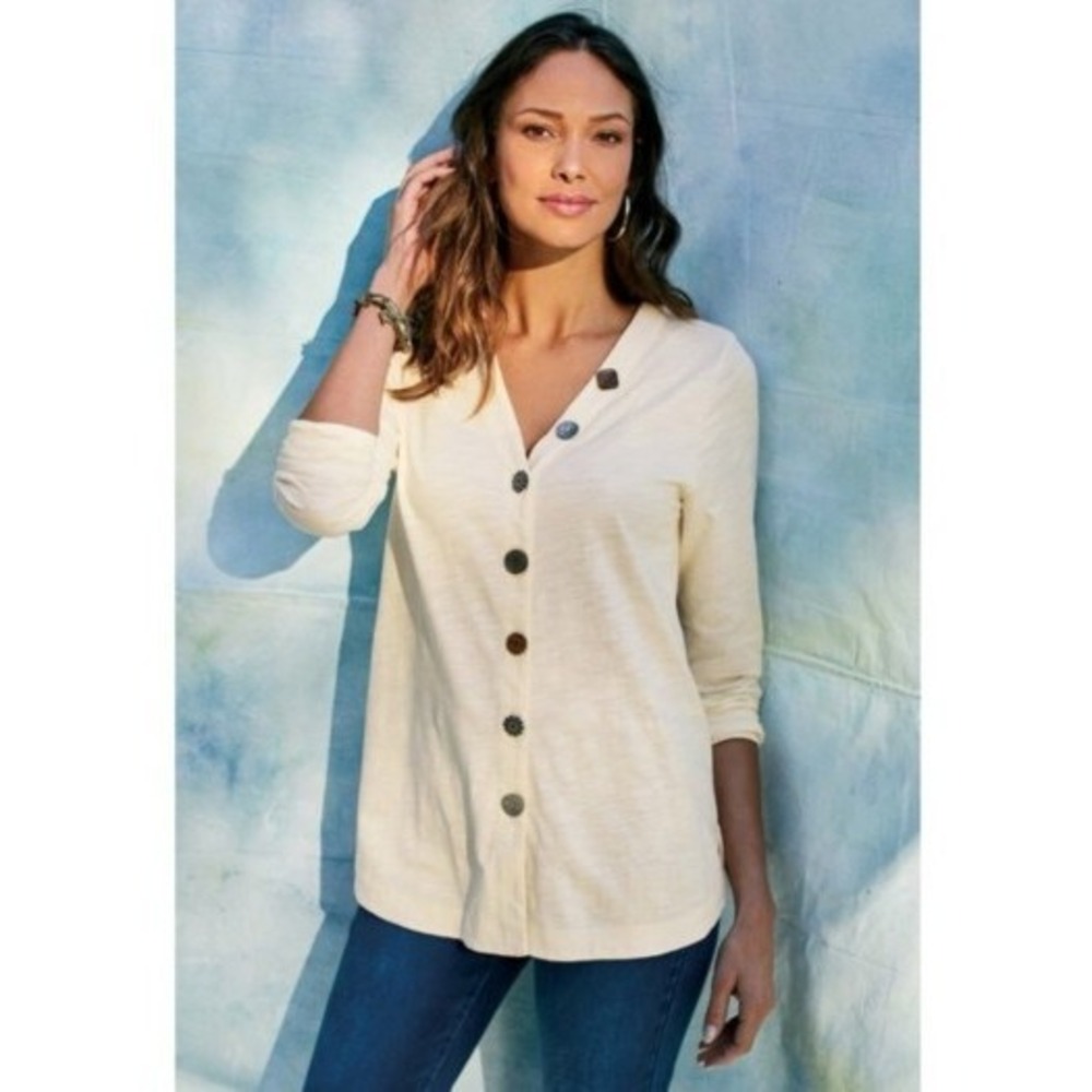 Women's Soft Surroundings 1X Whisper White Delia Mixed Button Cotton Top 101206